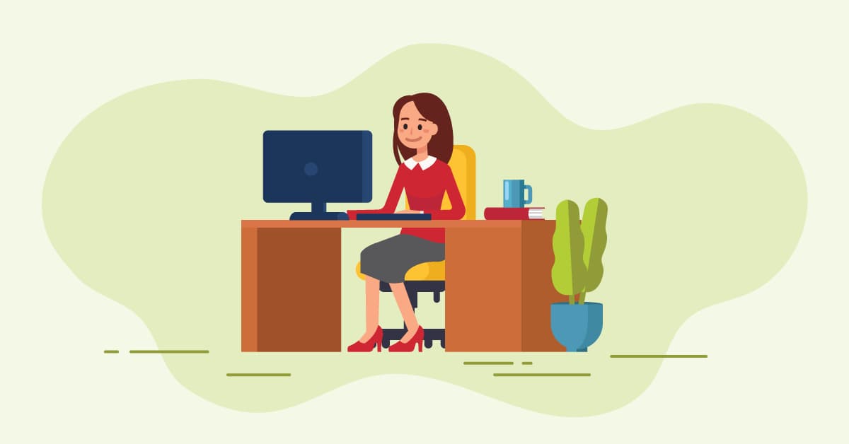 An illustration of a businesswoman at her work station